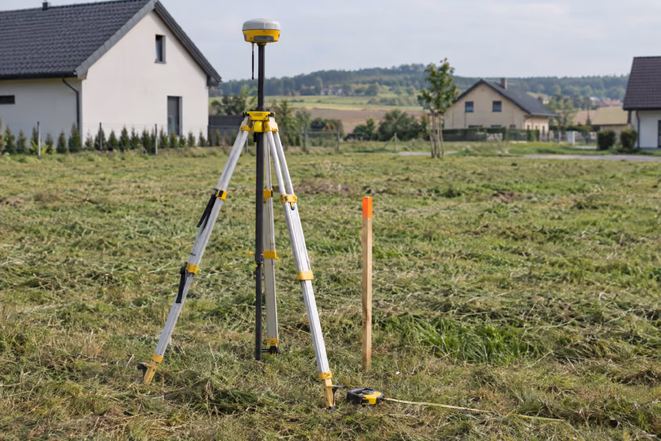 Geodetická GPS anténa na statíve a drevený kolík s oranžovou špičkou na pokosenom pozemku na okraji obce, v pozadí nové rodinné domy